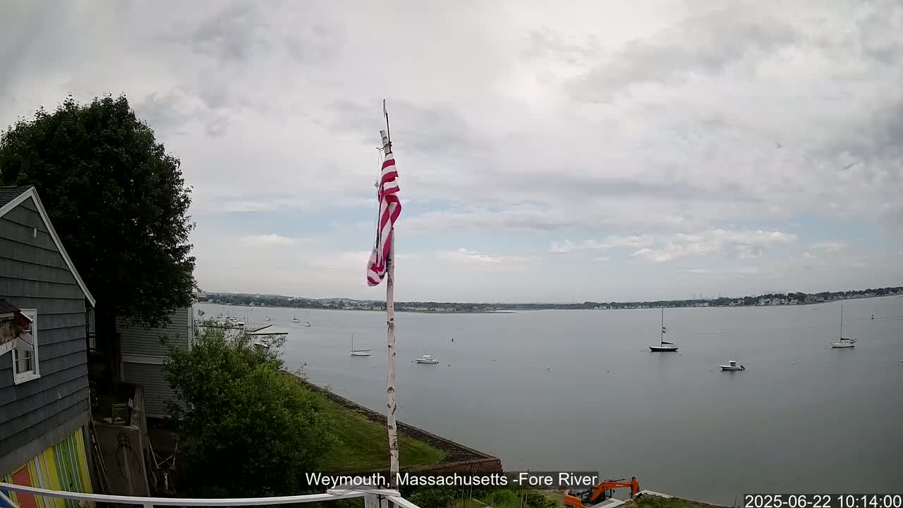 An overcast sky overlooks a calm body of water with several sailboats, a portion of a gray house, and an American flag on a pole.