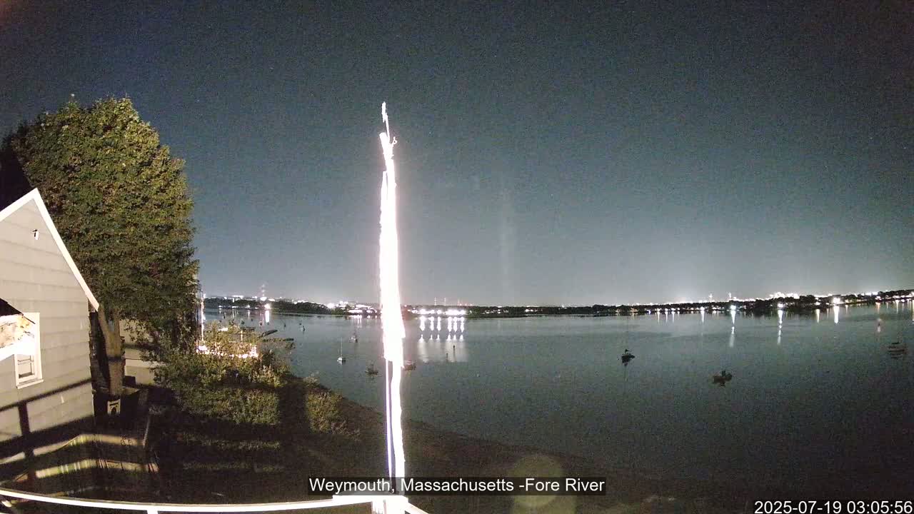 A nighttime view from a backyard shows a calm body of water reflecting city lights across the horizon under a clear, dark sky.
