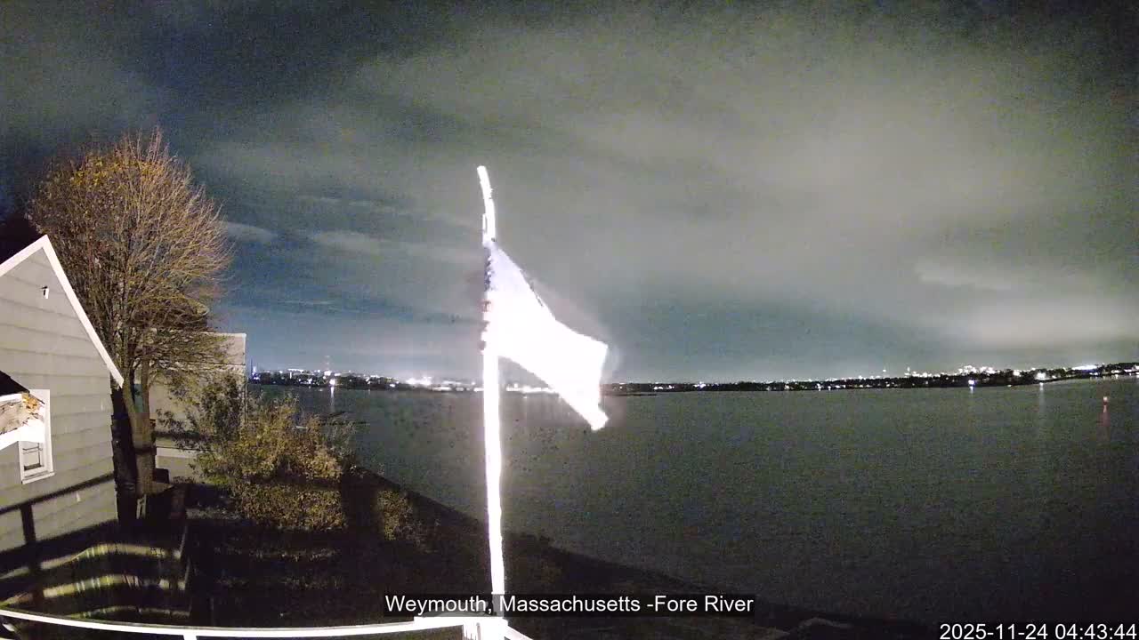 An illuminated flag brightly marks a dark body of water with distant shoreline lights under a dark, cloudy night sky, featuring a house and bare trees in the left foreground.