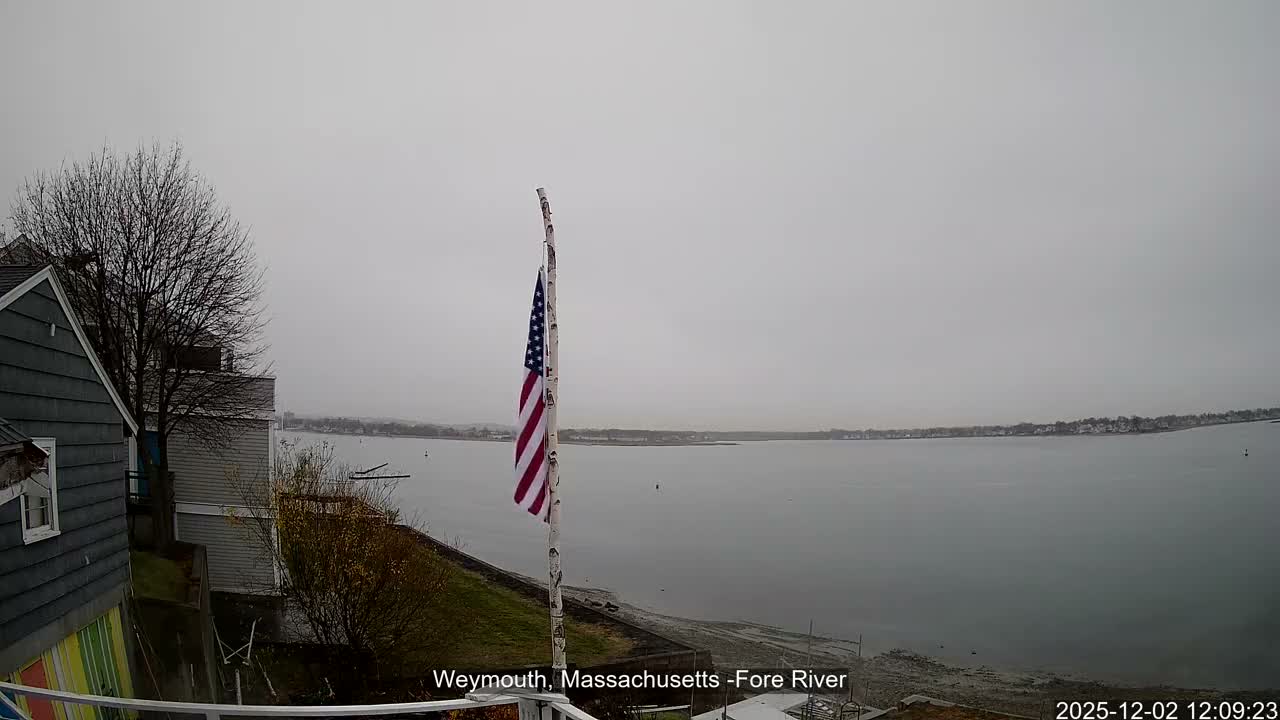 An American flag hangs limp on a pole beside a residential building and a bare tree, overlooking a calm body of water under a heavily overcast and grey sky.