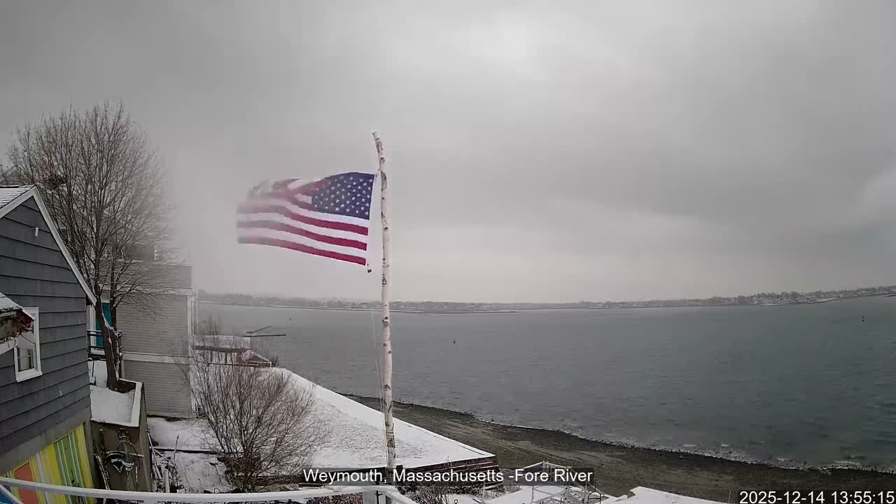 A cloudy night scene reveals a bright moon illuminating a river and a distant city skyline, with a brilliantly lit flag, a house, and a bare tree occupying the foreground.