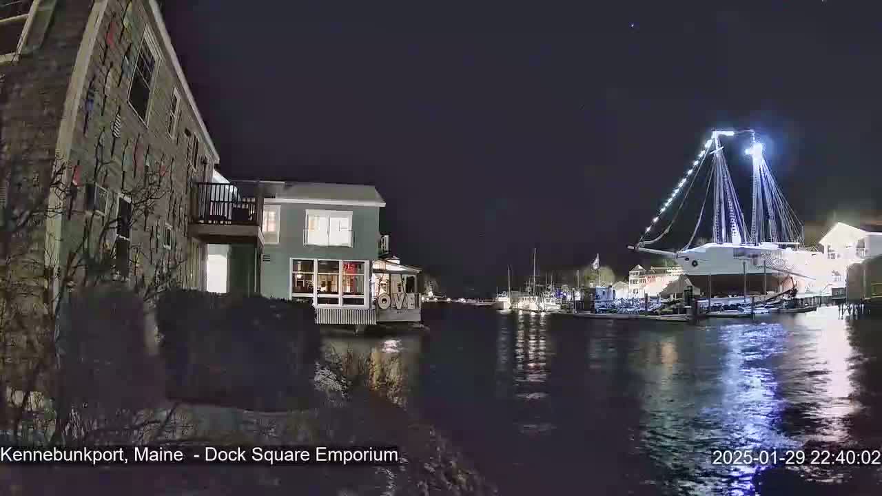 A large, illuminated sailboat is docked at a waterfront at night, with buildings and other boats visible in the background.