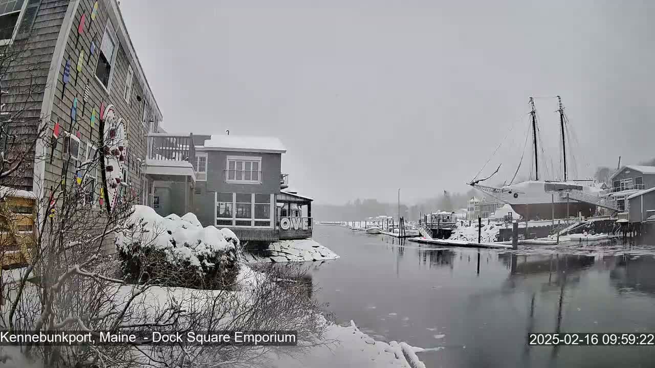 Snow falls on a waterfront scene with buildings, docked boats, and a large sailboat covered in snow.
