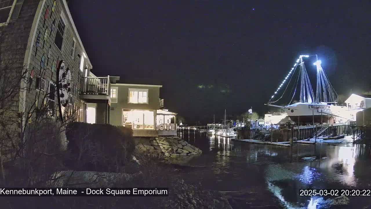 A nighttime view of a harbor with a large, illuminated ship docked, a building with colorful exterior art, and other buildings and boats visible under a clear, dark sky.