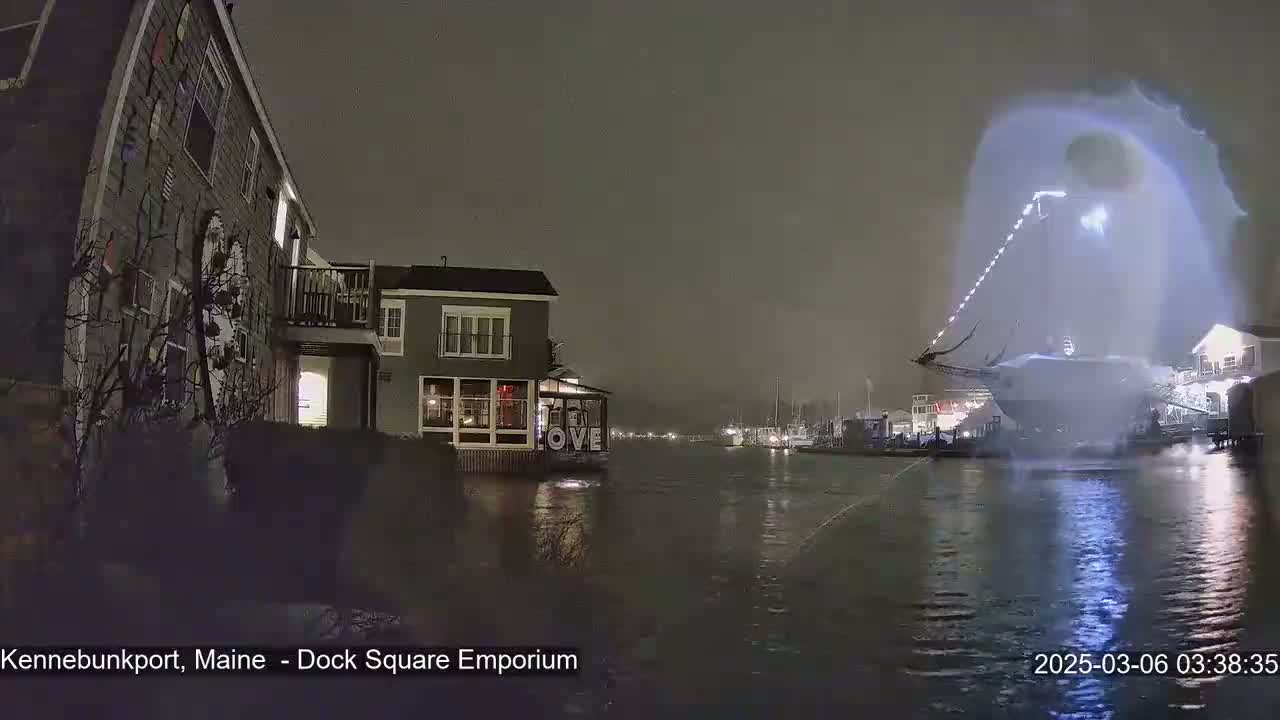 A nighttime scene of a waterfront, showing snow falling, houses, and a boat lit up with lights, partially obscured by a bright, glowing, hazy effect in the water.