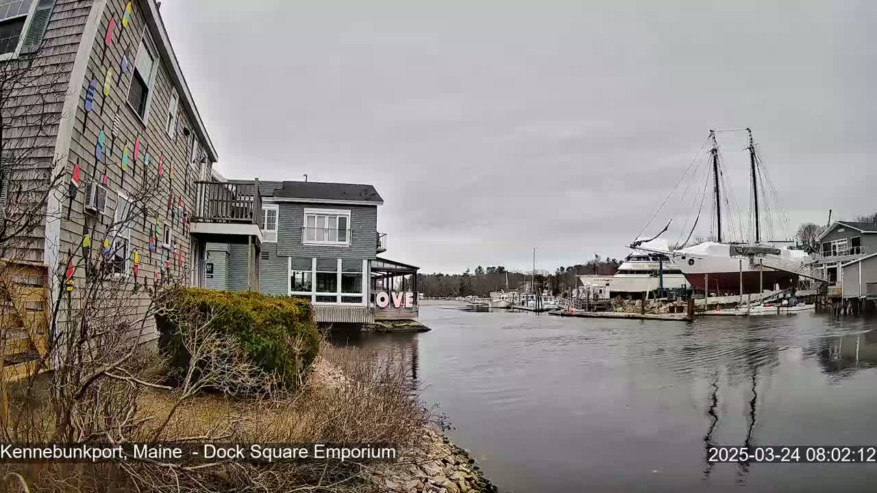 A gray, overcast day reveals a waterfront scene with buildings, a large sailboat on dry dock, smaller boats moored nearby, and a building decorated with colorful paddle shapes.