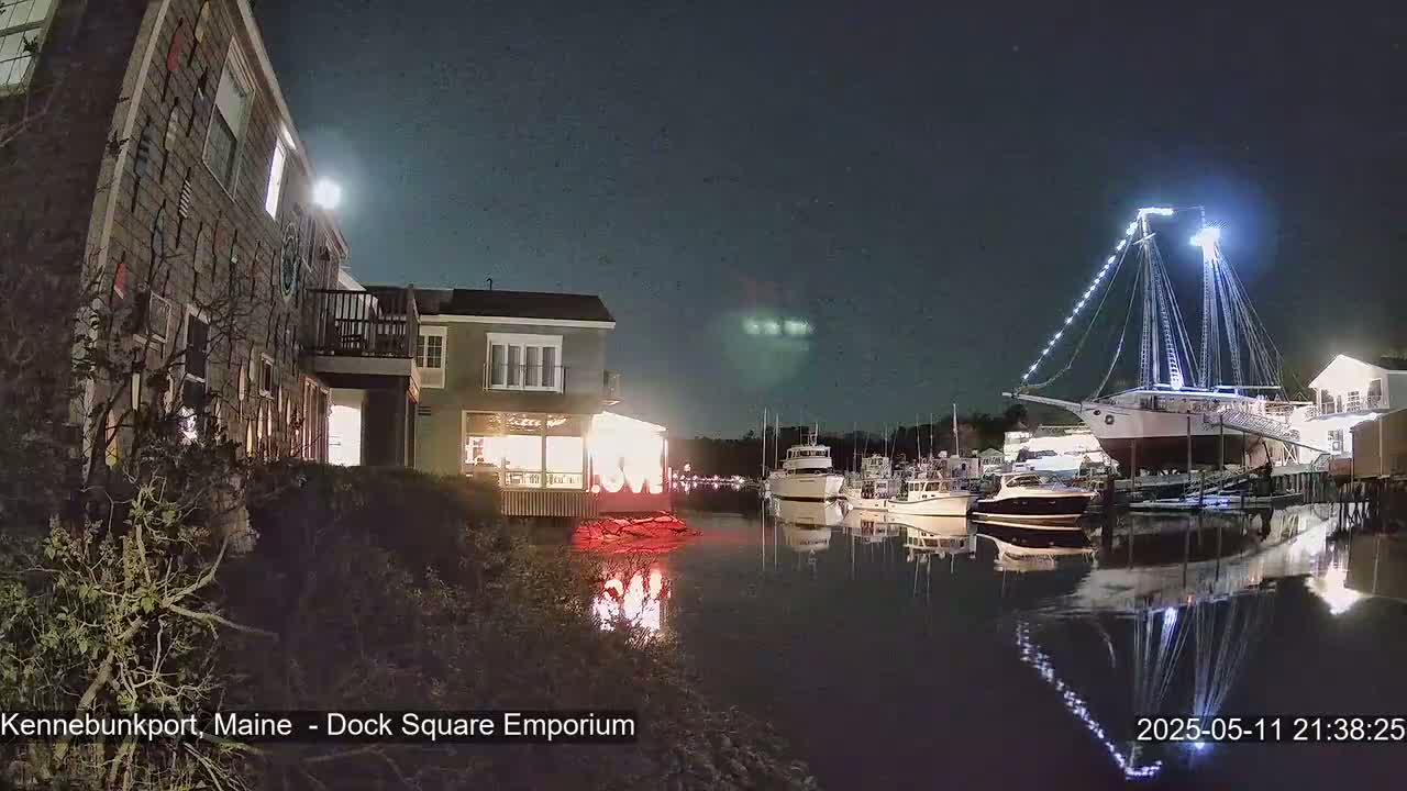 At night, under a clear, starry sky, several boats are docked at a marina next to buildings with lights on.
