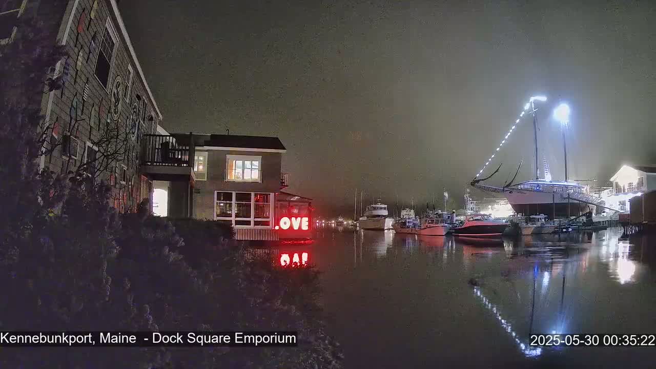 A nighttime view of a harbor, shrouded in fog, showing a large sailboat illuminated with lights, several smaller boats, and buildings along the waterfront with a "LOVE" sign displayed on one.
