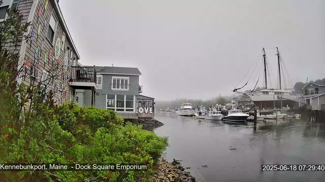 A foggy harbor scene shows several boats, including a large sailing ship on land, near buildings with colorful accents.