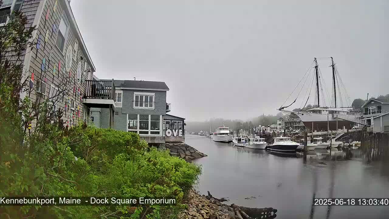 A foggy harbor scene shows several boats moored at a dock next to buildings, one of which is decorated with colorful nautical flags.