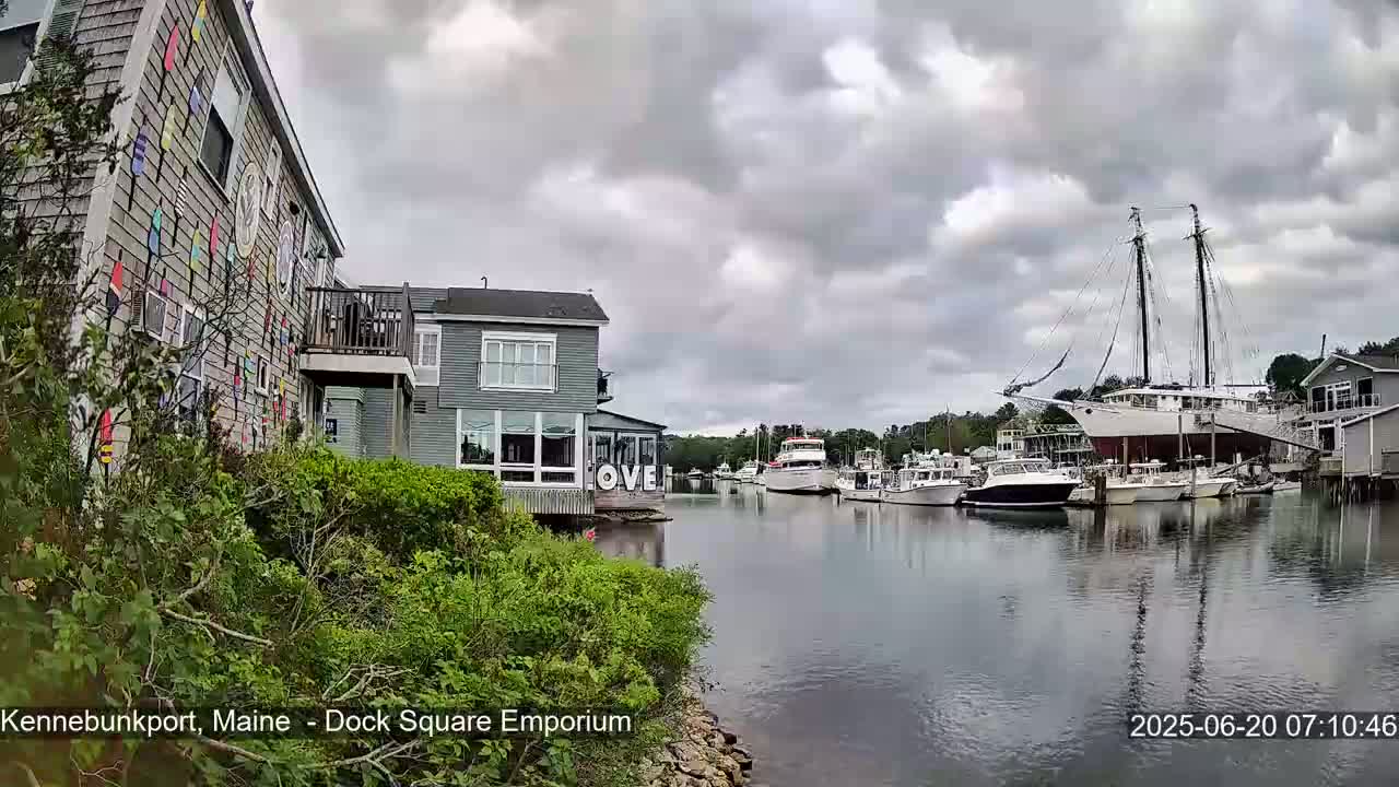A waterfront view on an overcast day shows a colorful building, other buildings, and several boats docked in calm water.