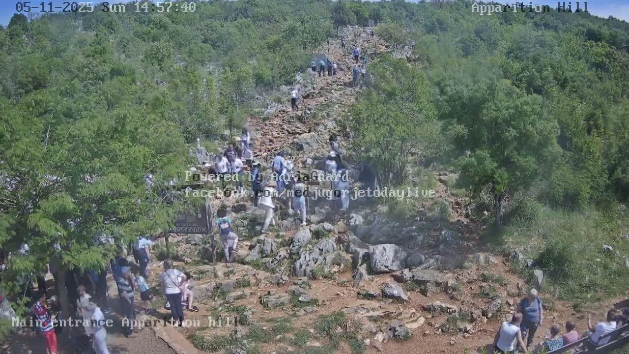 A rocky path winds uphill through a lush green hillside, with numerous people walking along it under a sunny sky.