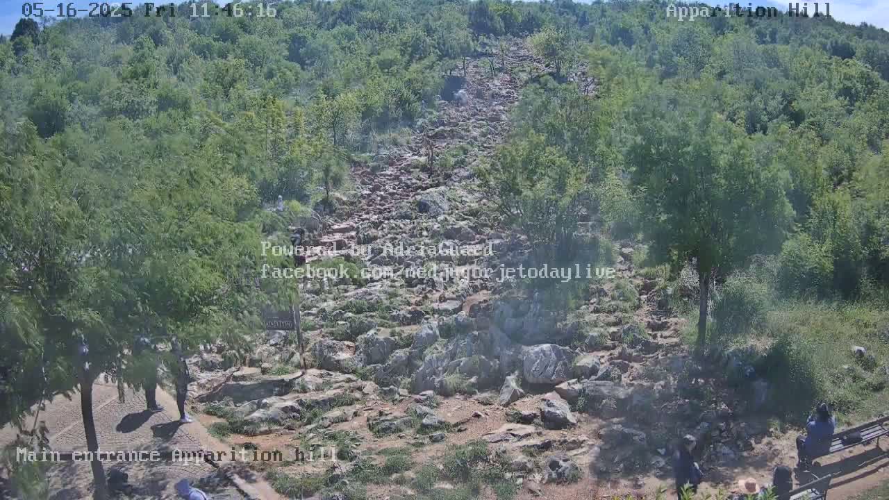 A rocky path ascends a hillside covered in lush green vegetation under a partly cloudy sky.