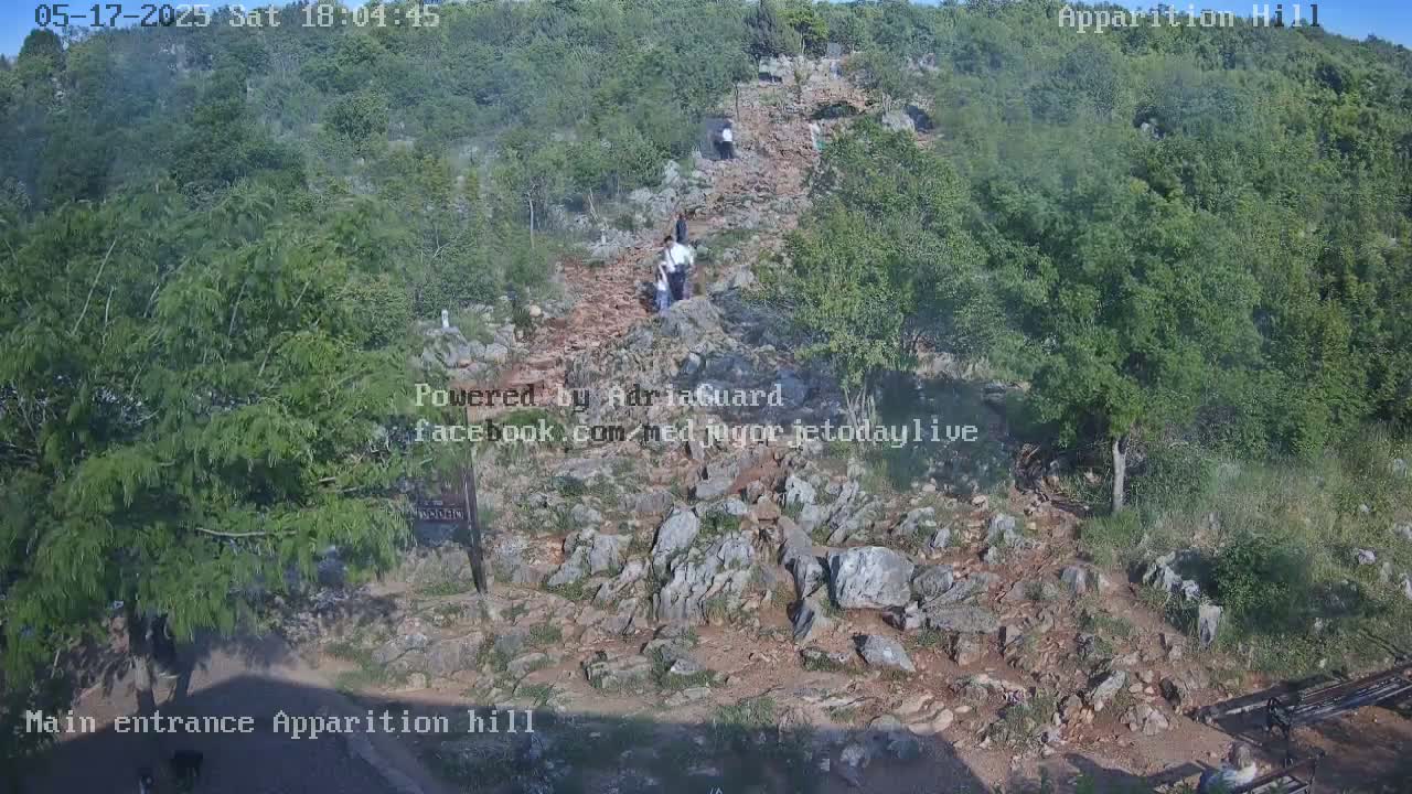 A rocky path winds uphill through a green, hilly landscape under a clear sky, with several people walking along the path.