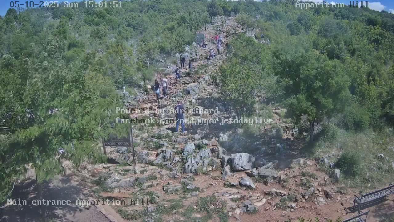 A rocky path winds upward through a hillside covered in green vegetation, with a group of people walking along it under a mostly sunny sky.