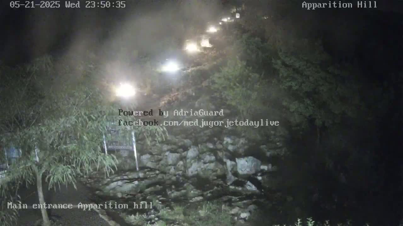 A nighttime, dimly lit road winds through a rocky, wooded area with several vehicles traveling up the road.