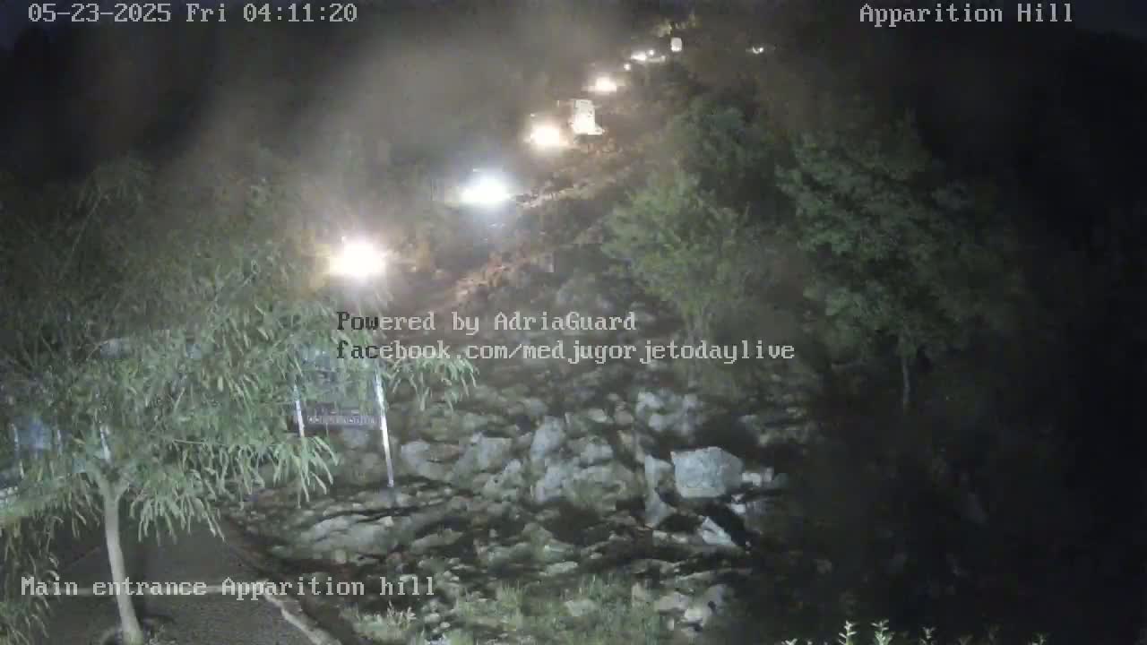 A nighttime view of a roadway winding through a rocky, vegetated area, with several vehicles visible traveling uphill.