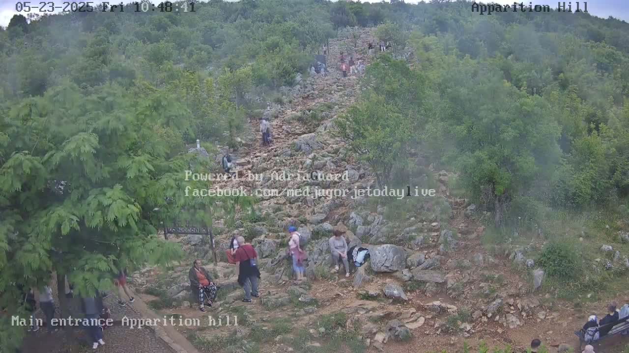 A rocky hillside path, partially obscured by a light mist, shows numerous people walking up and down a steep incline amid green vegetation.