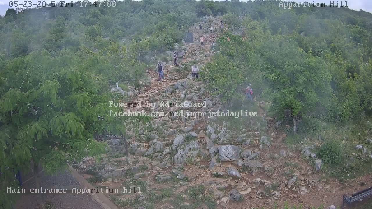 A rocky path ascends a hill covered in green vegetation, with a few people walking on the path in hazy weather.