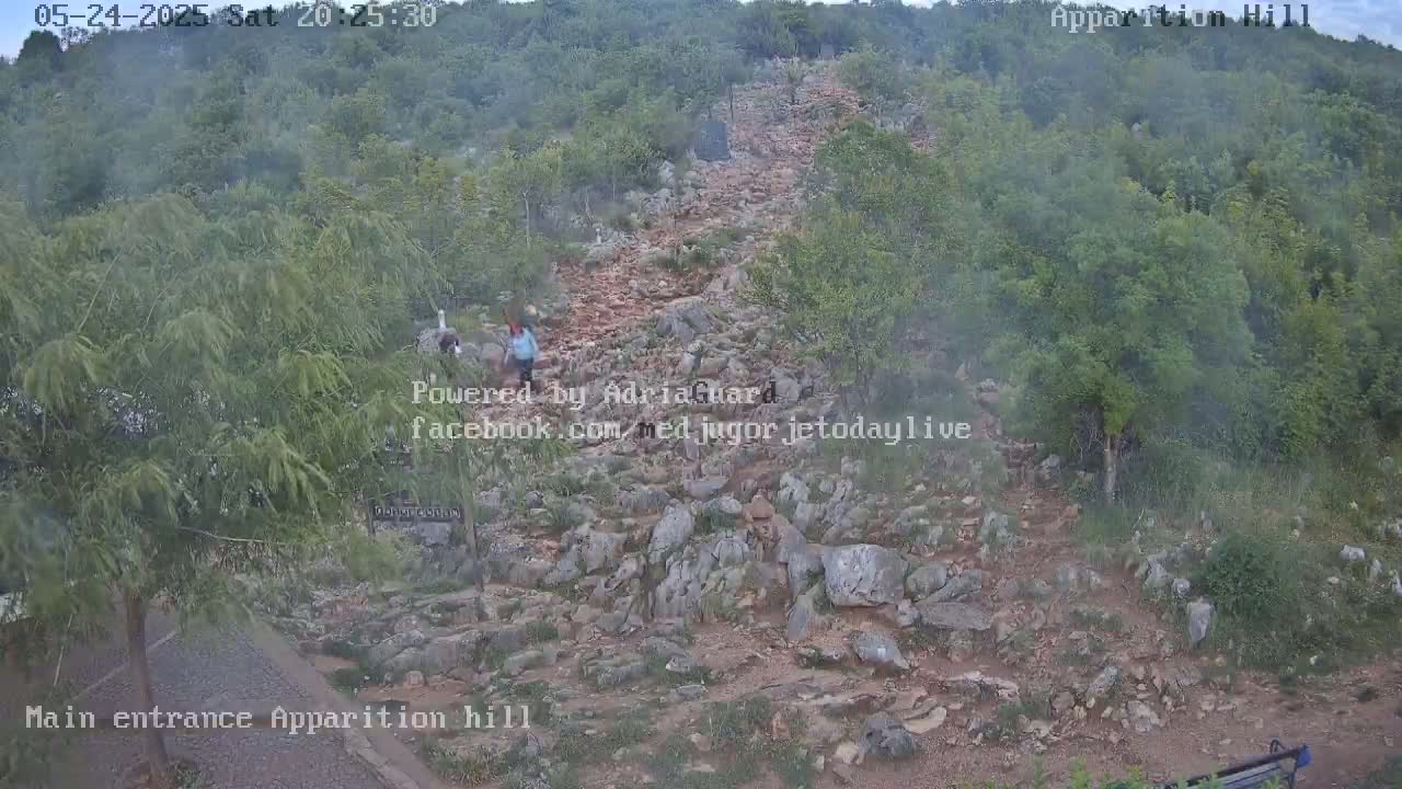 A rocky path ascends a hill covered in green vegetation under hazy, overcast conditions, with a few people walking on the path.