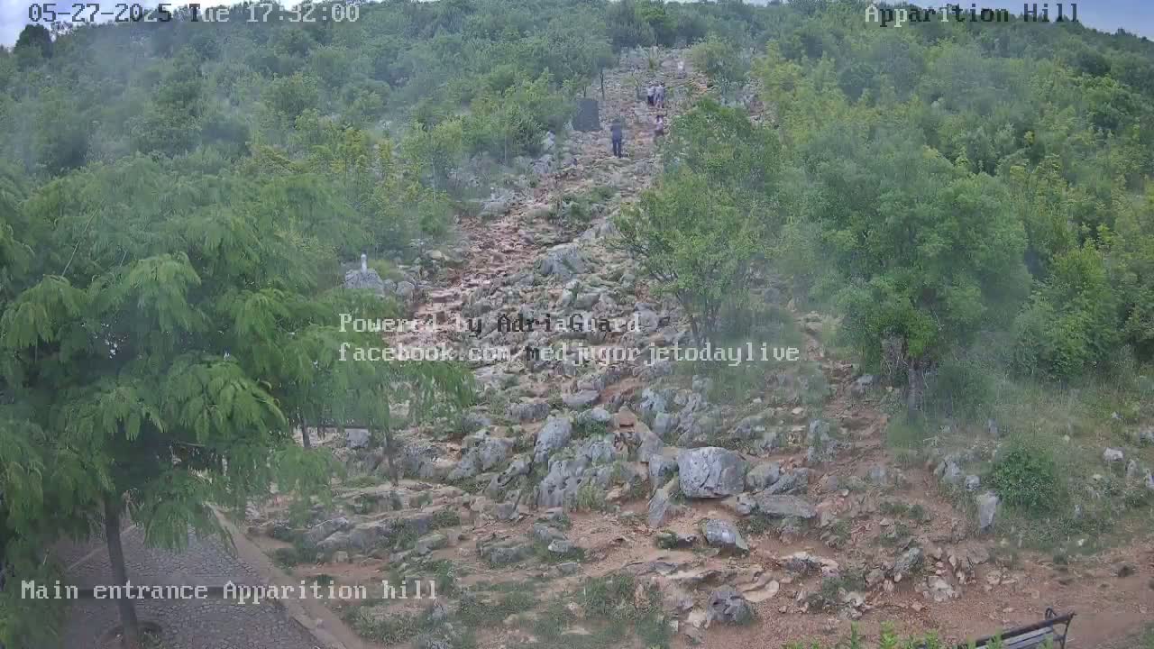 A rocky path ascends a hill covered in green vegetation, with several people walking upward in hazy weather conditions.