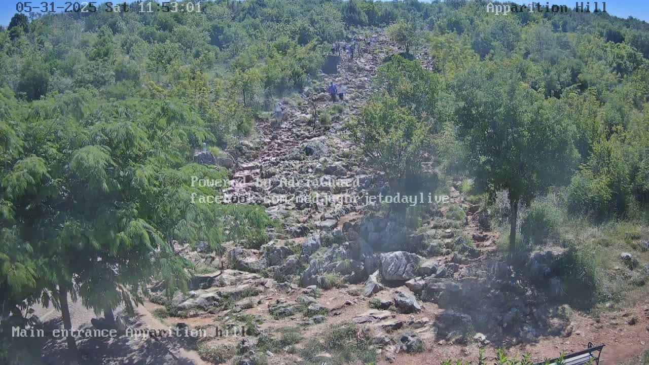 A rocky, uphill path winds through a green, leafy hillside on a partly sunny day, with several people walking up the path.