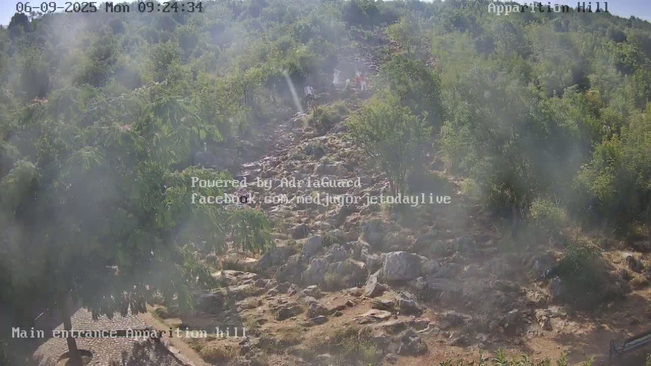A hazy view shows a rocky path winding uphill through green vegetation, with a small group of people ascending the path.