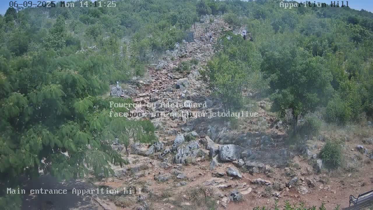 A rocky, uphill path winds through a lush green landscape under a mostly clear sky.