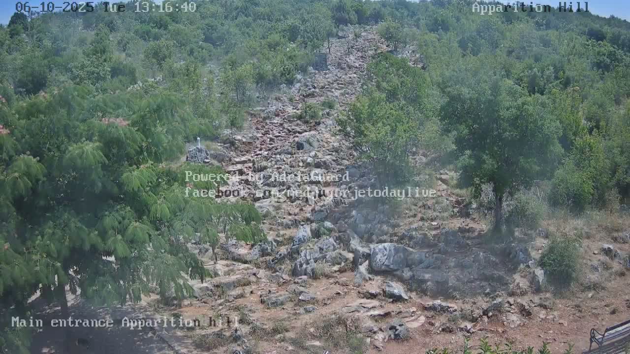 A rocky, uphill path winds through a green, leafy hillside on a partly sunny day.