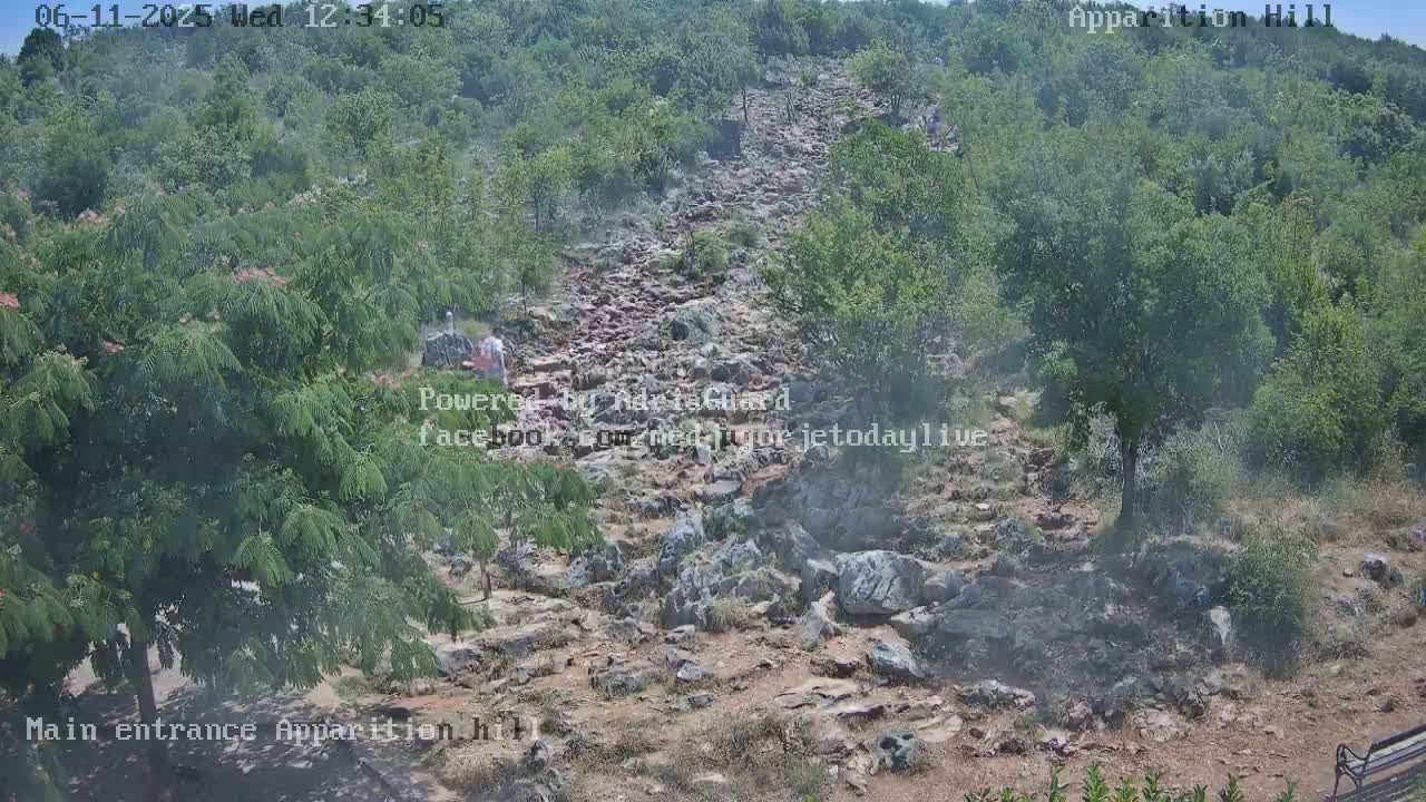 A rocky hillside path winds through lush green vegetation under a partly cloudy sky.