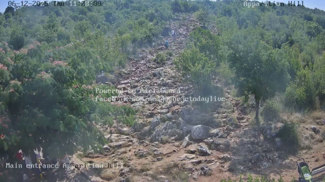 A rocky, uphill path winds through a lush, green hillside on a partly hazy day.