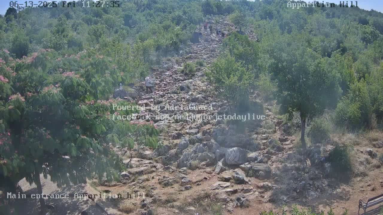 A rocky path winds uphill through a hazy, sunlit landscape of green trees and shrubs.