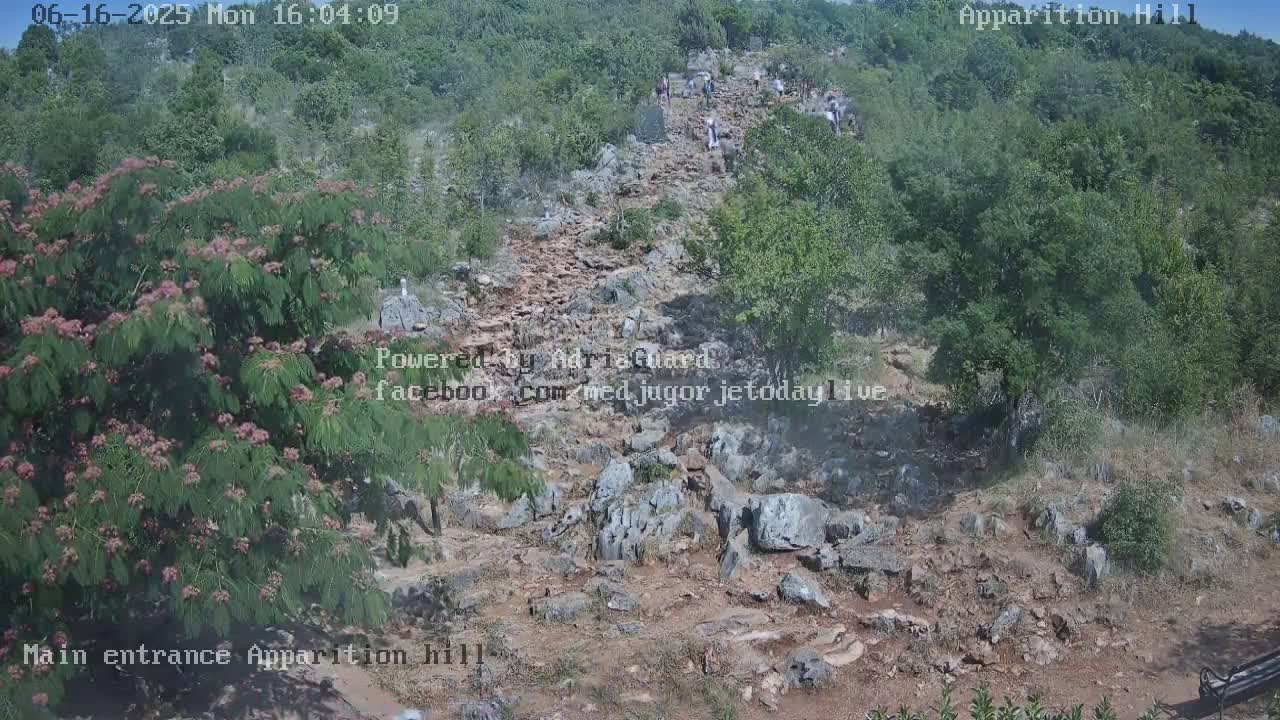 A rocky path winds uphill through a dry, sparsely vegetated landscape under a clear sky, with several people walking on the path.