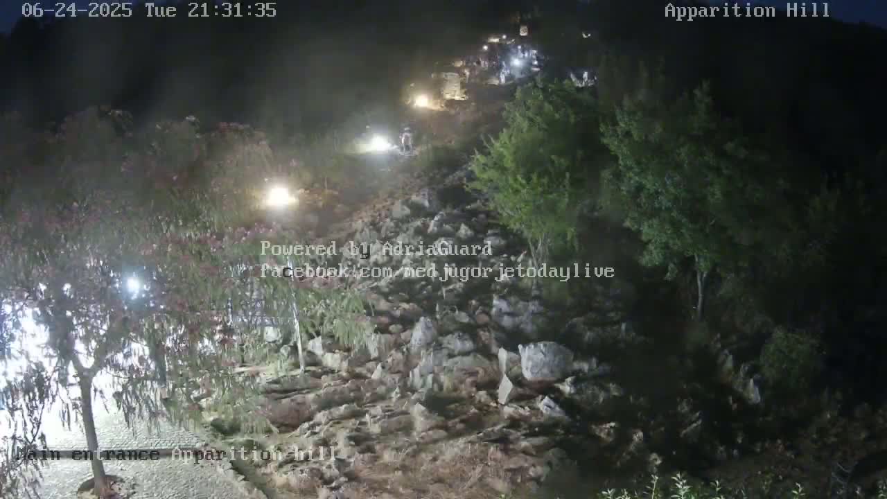 At night, several people are walking up a rocky hill with sparse vegetation under a dark sky.