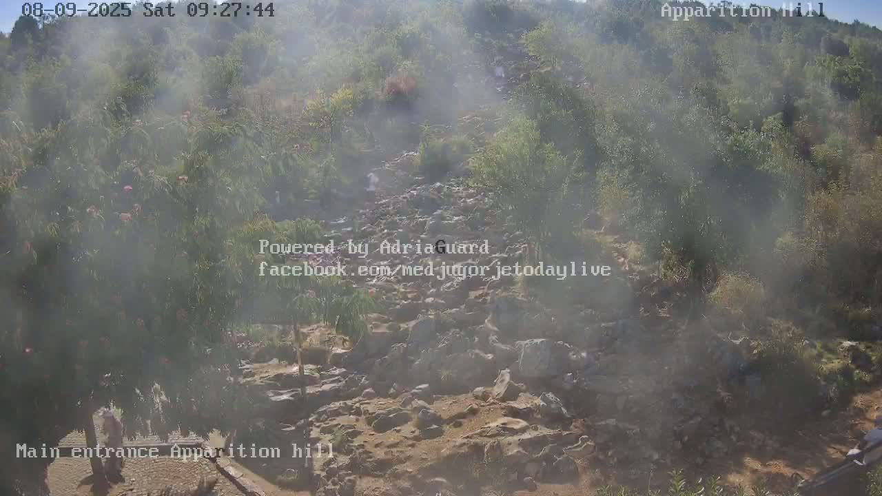 A hazy, sunny day reveals a rocky, dry creek bed surrounded by green vegetation and hills.