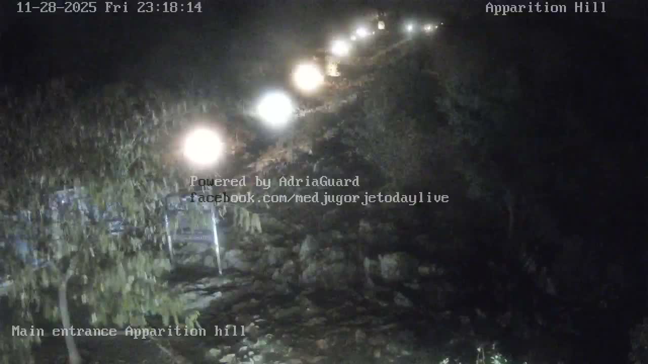 A series of bright, spherical lights illuminates a steep, rocky path ascending a vegetated hillside under clear nighttime conditions.