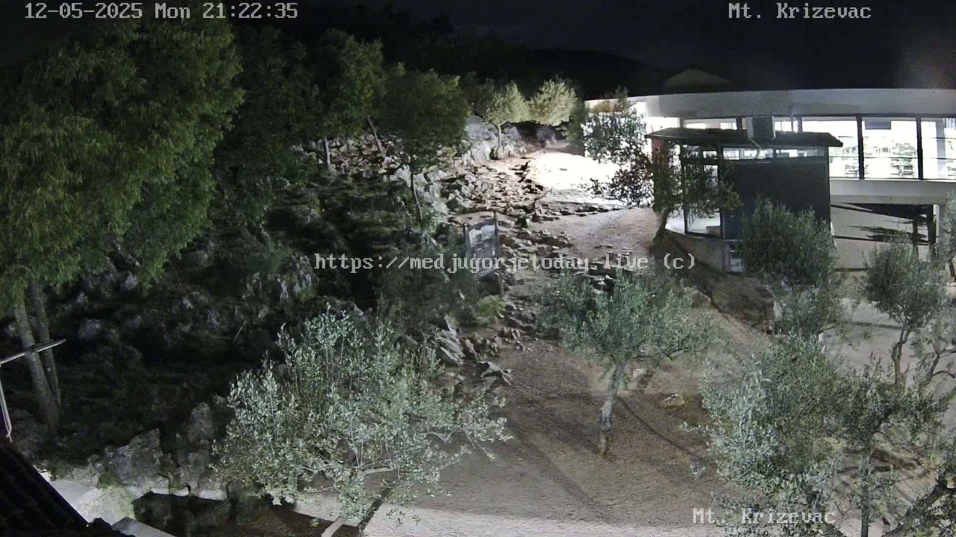 A nighttime view of a rocky, sparsely vegetated area with olive trees, a building, and a paved path.