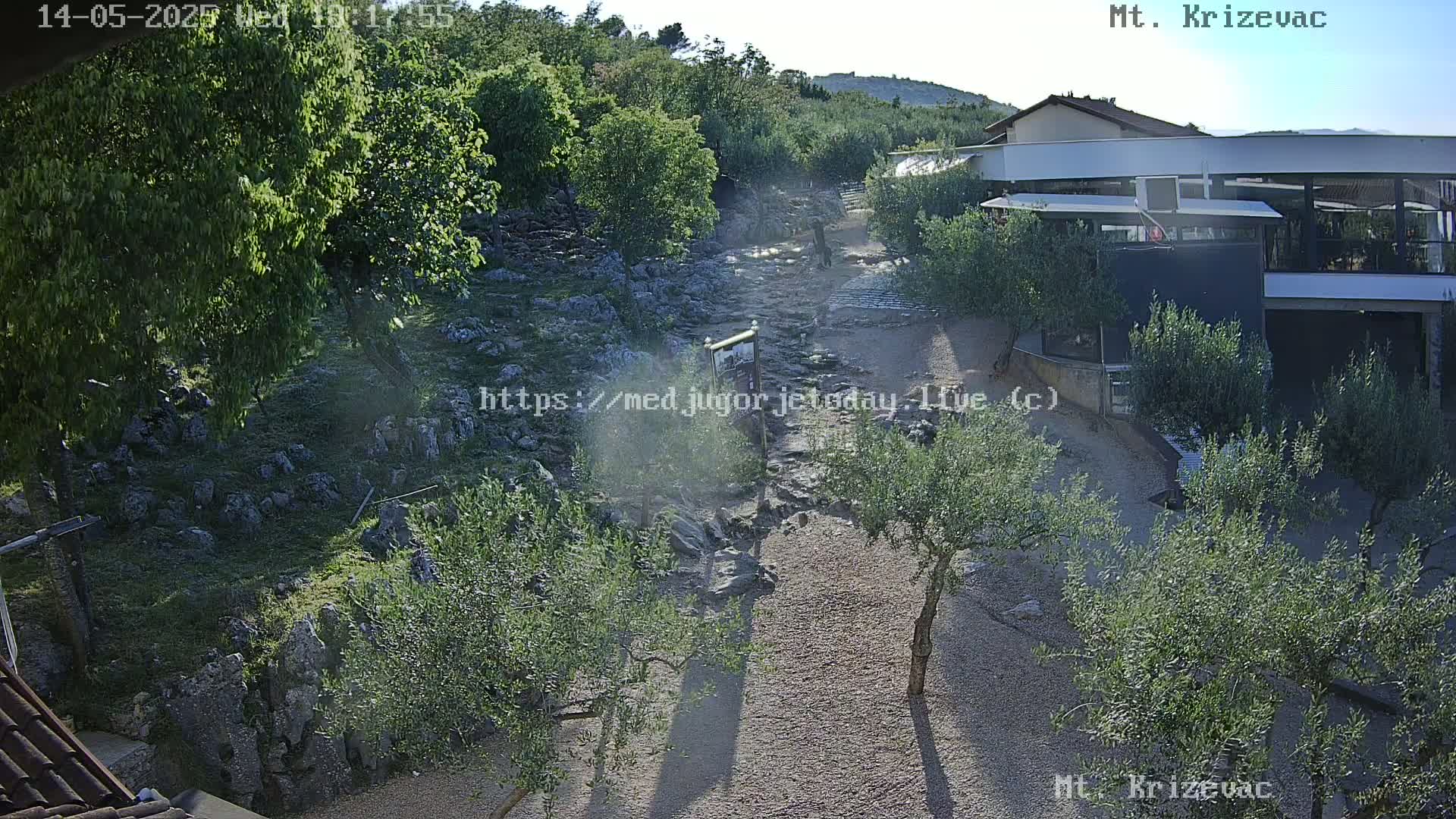 A rocky, gravelly path winds through a landscape of olive trees and low buildings under a bright, sunny sky.