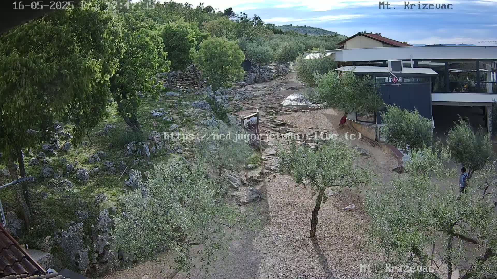A rocky, gravel path winds through a landscape of olive trees and low shrubs under a partly cloudy sky, leading to a modern building.