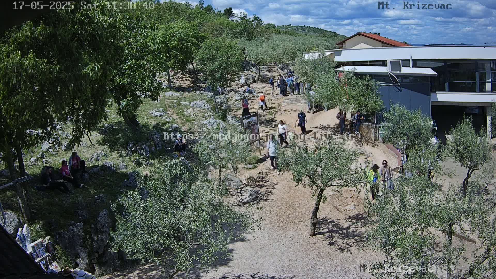 A rocky, outdoor path winds through olive trees toward a modern building under a partly cloudy sky, with numerous people walking and sitting along the way.