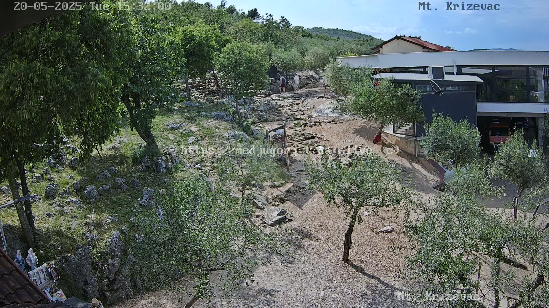 A rocky, lightly-treed area with several people walking a path toward a modern building, under a sunny sky.