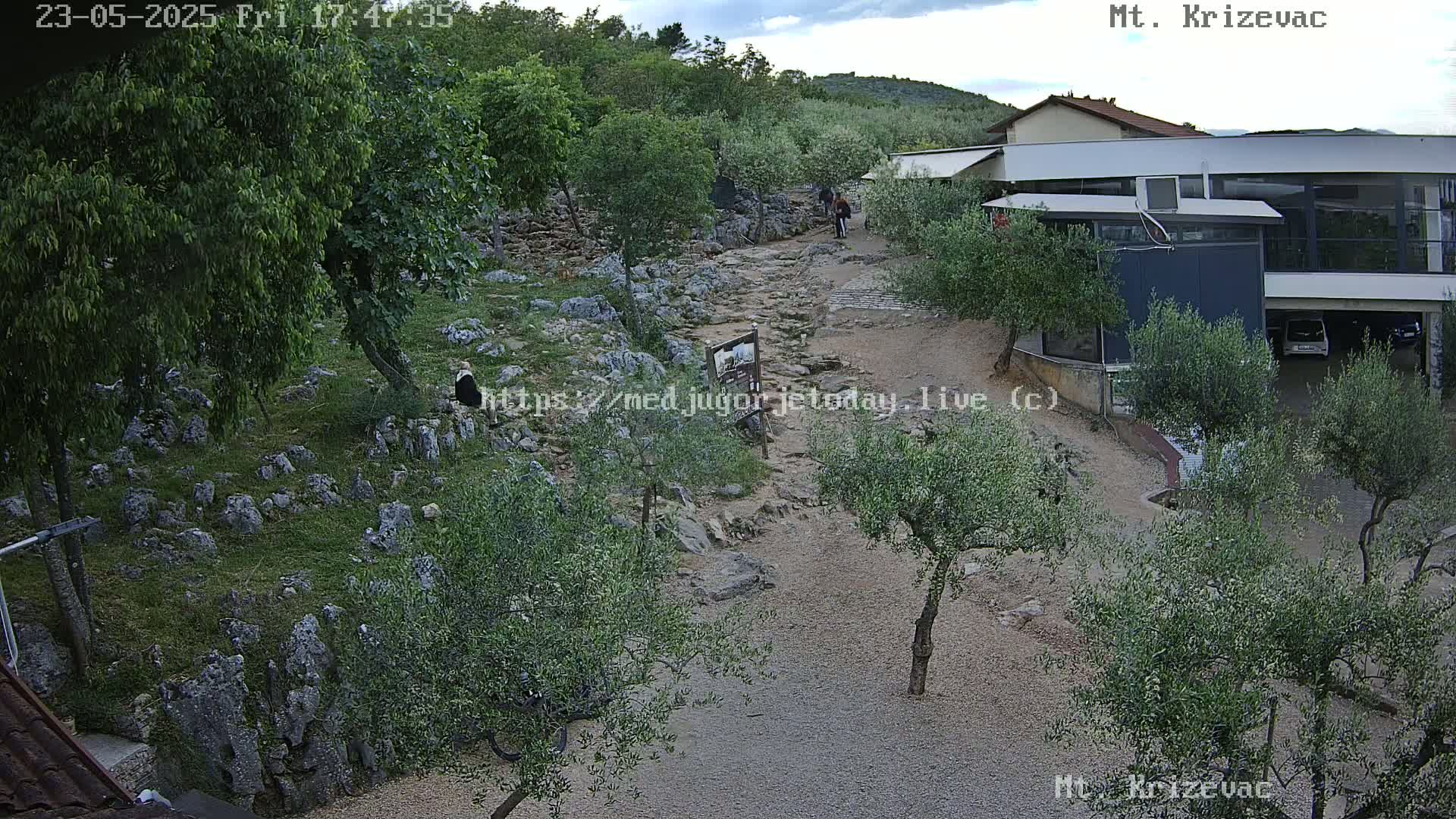A rocky path winds through a landscape of olive trees and low-lying vegetation under a partly cloudy sky.
