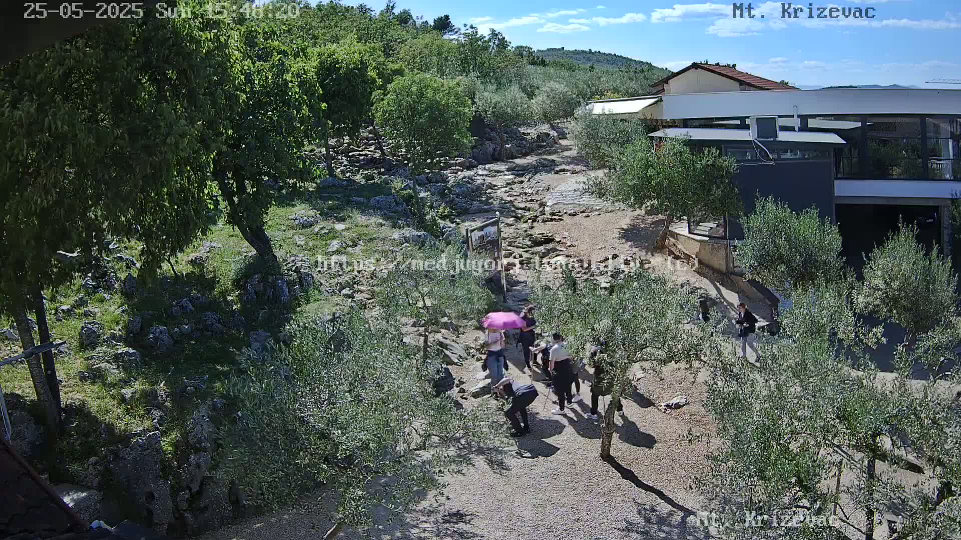A sunny day reveals a rocky, outdoor area with olive trees, a small group of people, and a modern building in the background.