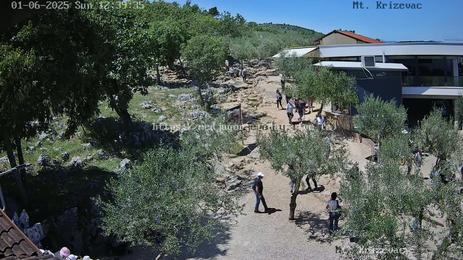 A sunny outdoor scene shows a rocky path winding through olive trees and past a building, with several people walking along the path.