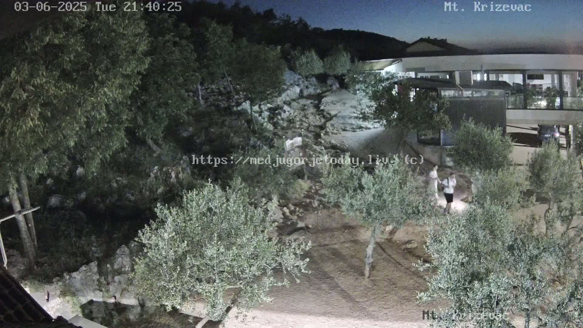 Under a night sky, two people stand near olive trees in a rocky, outdoor area next to a building.