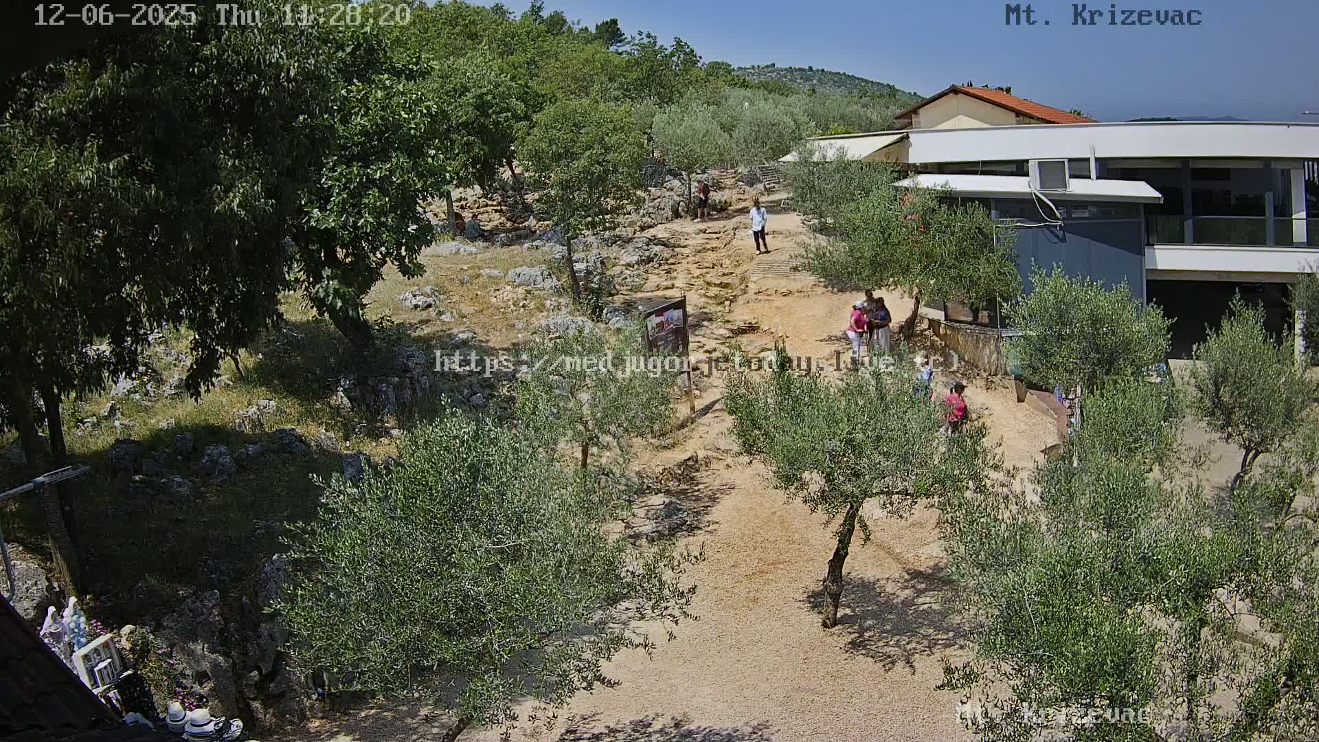 A sunny outdoor scene shows a path winding through a rocky area with olive trees and a few people walking, leading to a building.