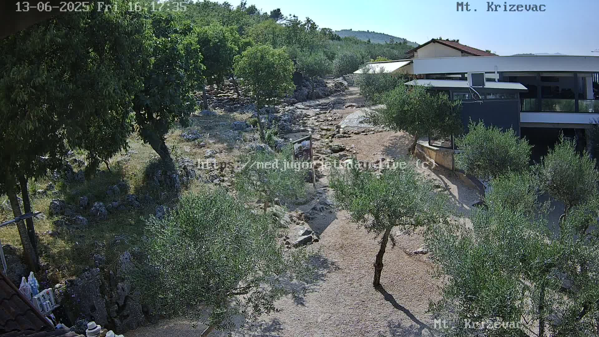 A rocky, dry creek bed winds through a landscape of olive trees and low vegetation toward a modern building on a sunny day.