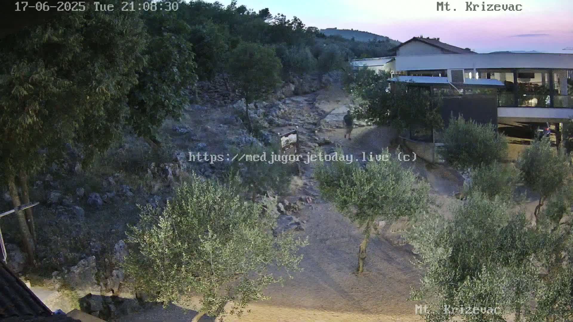 A rocky, olive tree-lined path leads to a modern building at dusk under a pale pink sky.