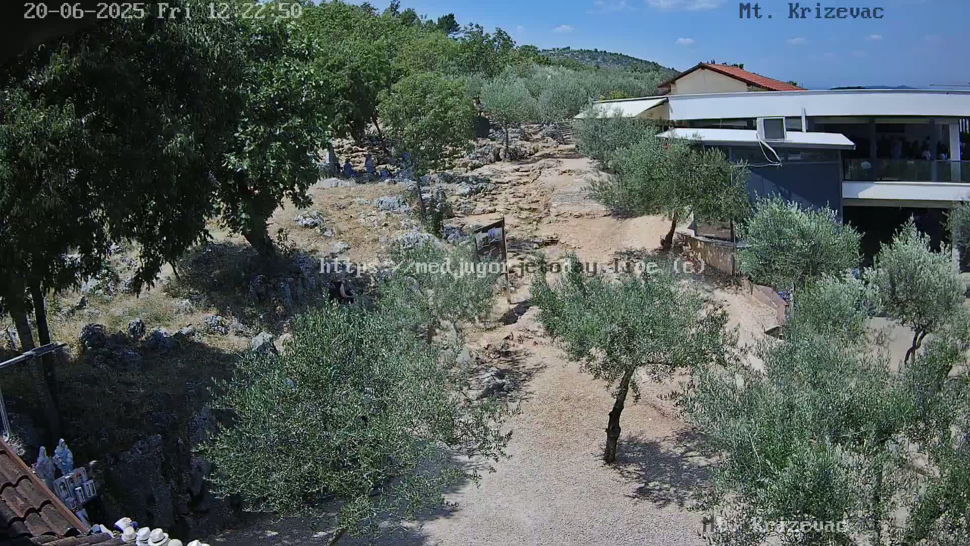 A rocky path winds through a landscape of olive trees under a clear, sunny sky, leading to a modern building.