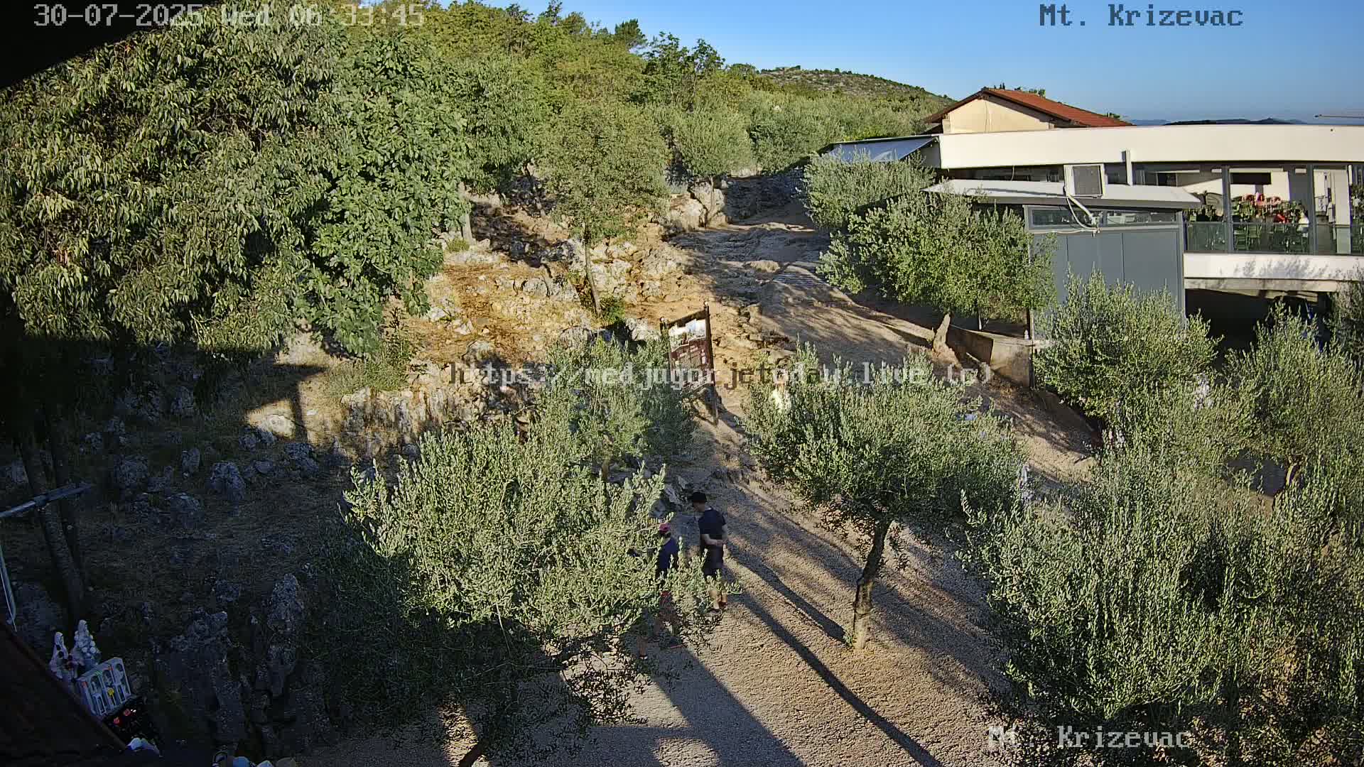 A gravel path winds through a rocky area dotted with olive trees, where several people walk near a building under a clear, sunny sky.